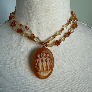 Vintage Creamsicle Carved Cameo Necklace with The Three Graces Motif